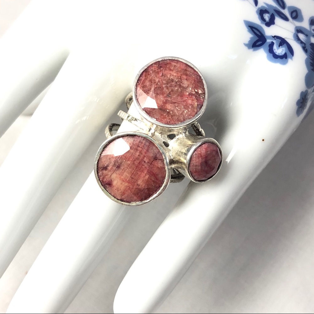 925 Silver Rhodochrosite Ring Natural Pink Round Gemstone Triple Band Sz 7
